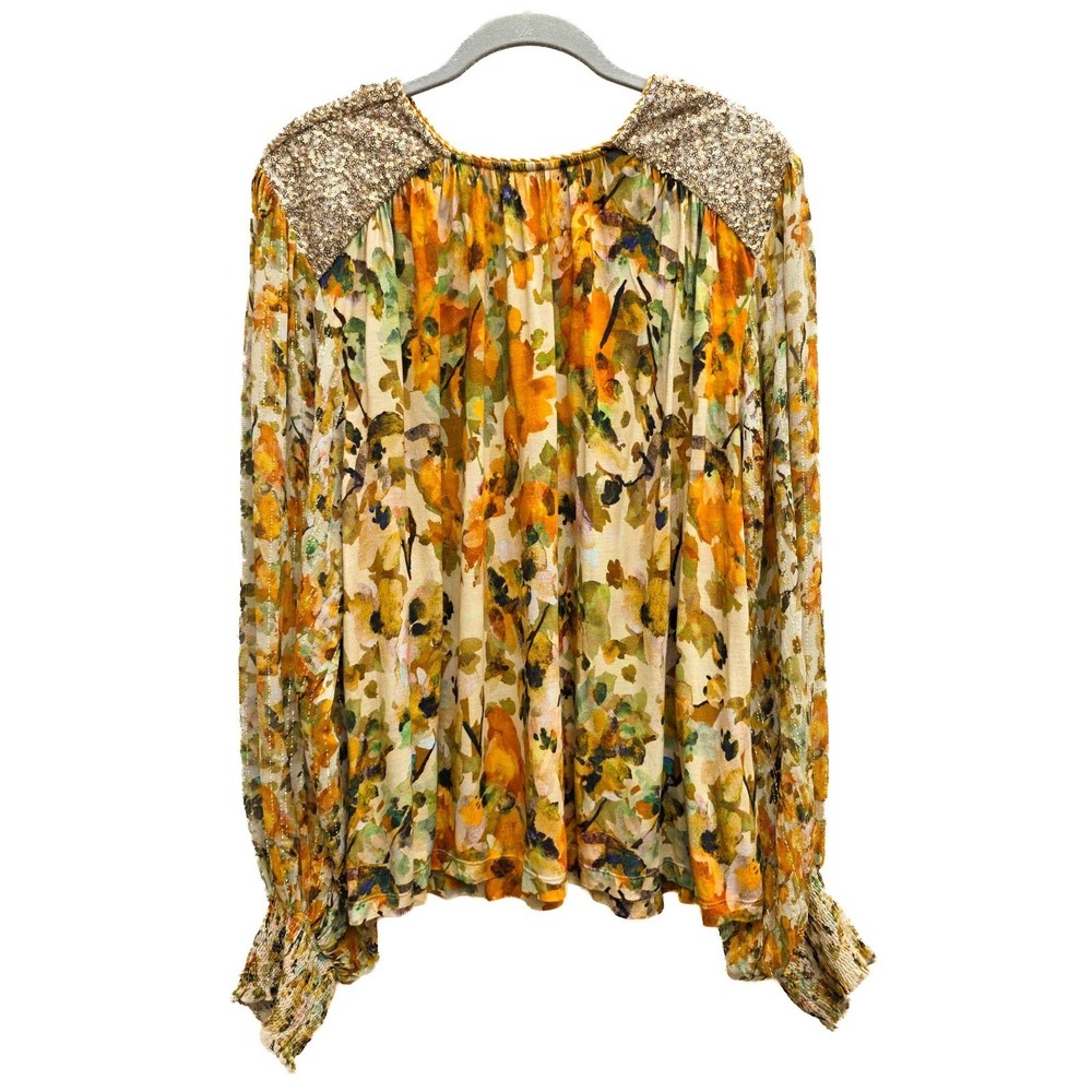 BL^NK‎ London Anthropologie Sequin Floral Blouse 1X Boho Gold Peasant Top